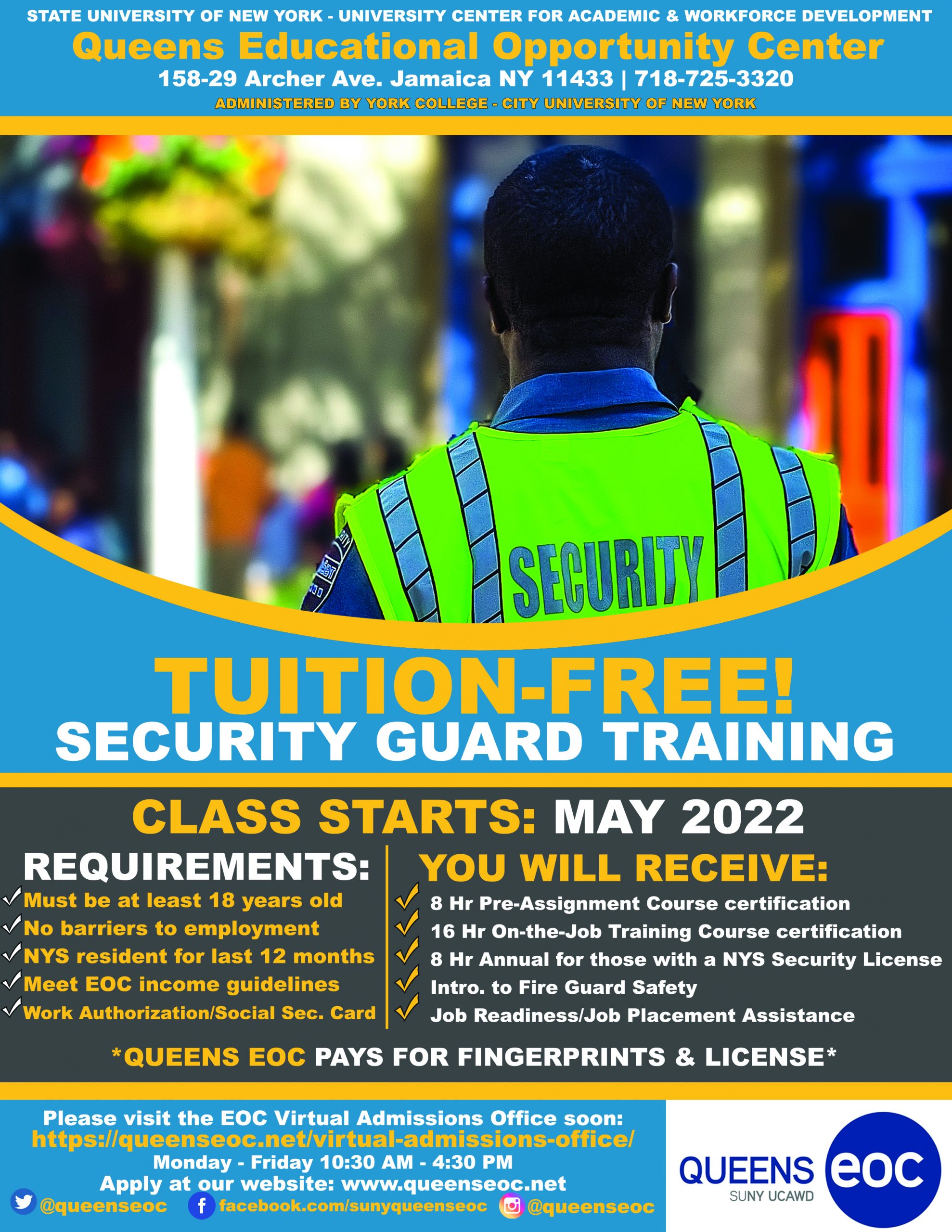 SECURITY GUARD TRAINING CLASS STARTS MAY 2022 SUNY Queens   Security Guard Flyer COMING SOON Scaled 