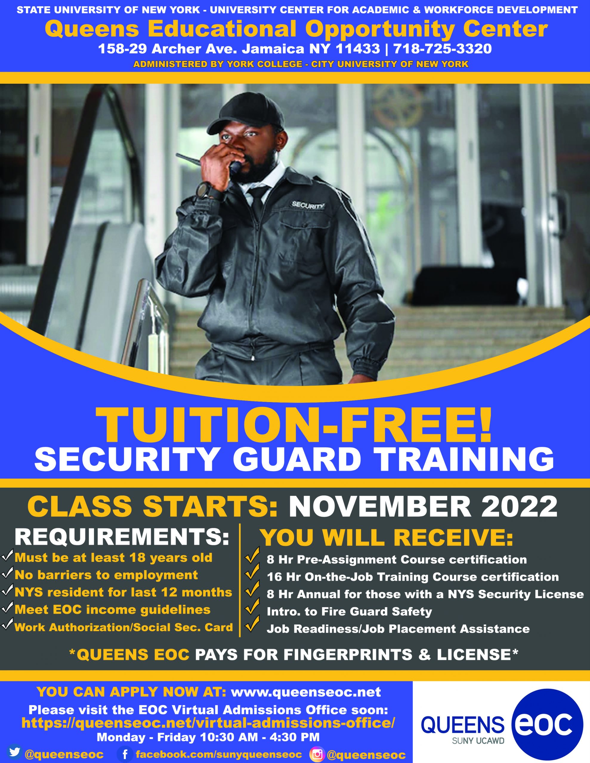 SECURITY GUARD TRAINING TUITIONFREE CLASS STARTS NOVEMBER 2022