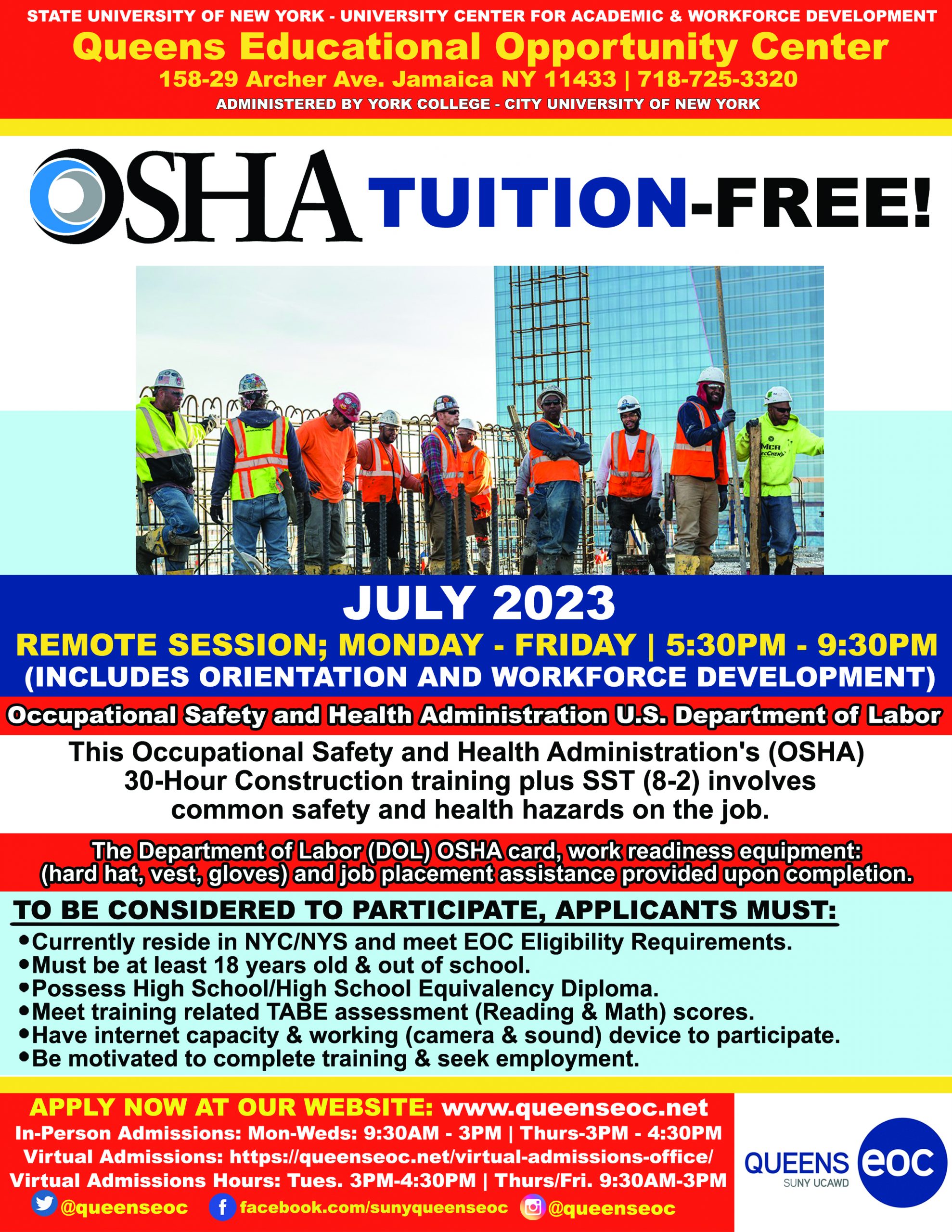 OSHA TuitionFree Classes Start July 2023 530 PM to 930 PM